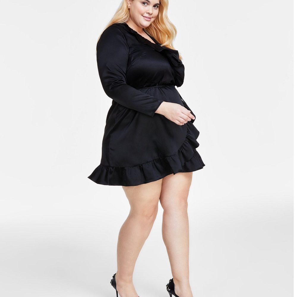 Women long sleeve ruffled mini satin dress